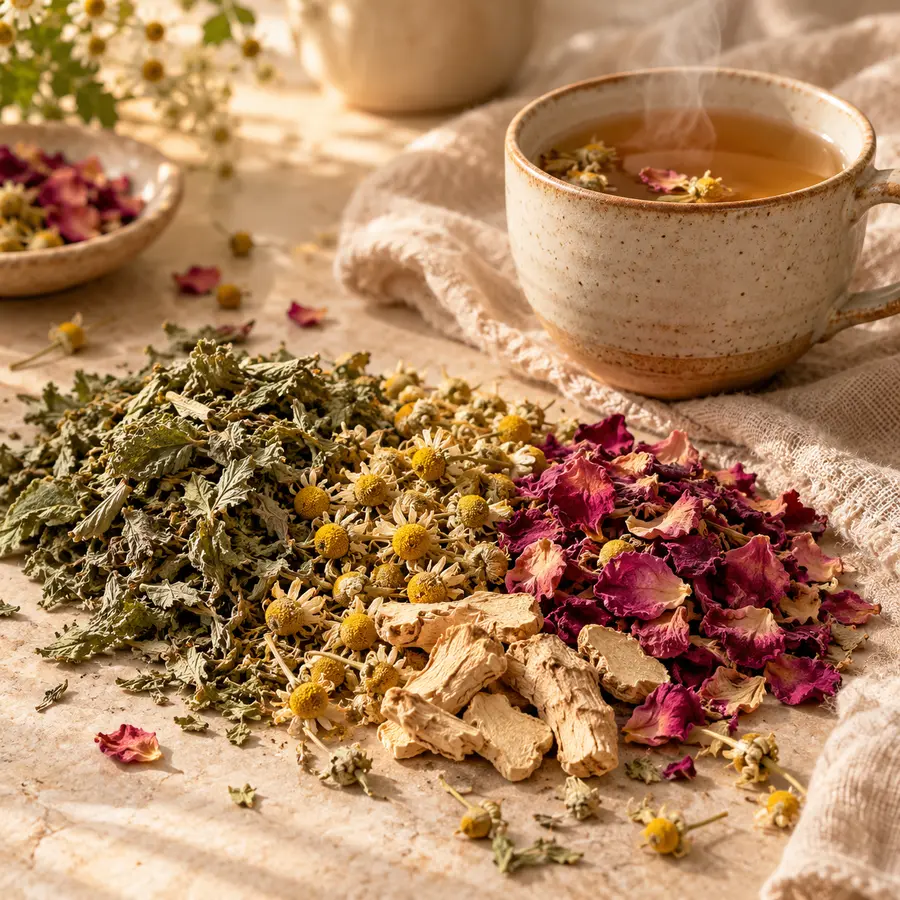 Raspberry leaf, chamomile, rose petals and dried ginger beside a warm cup of tea