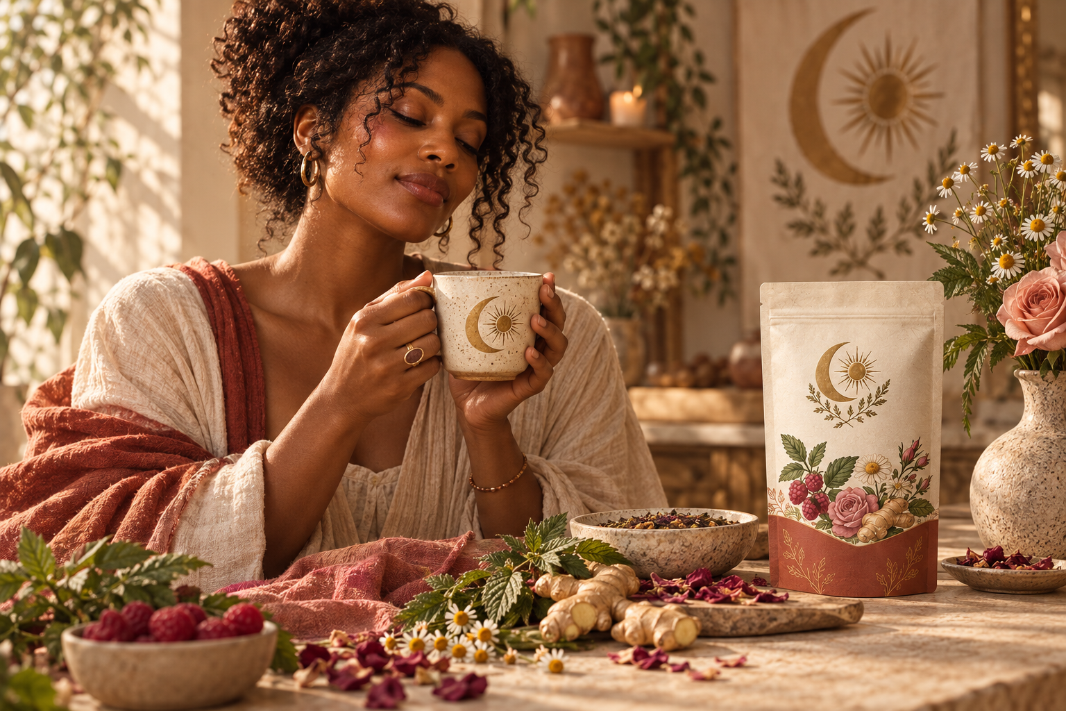 A woman enjoying a warm botanical tea ritual surrounded by terracotta linens, roses, chamomile, raspberry leaf, and ginger