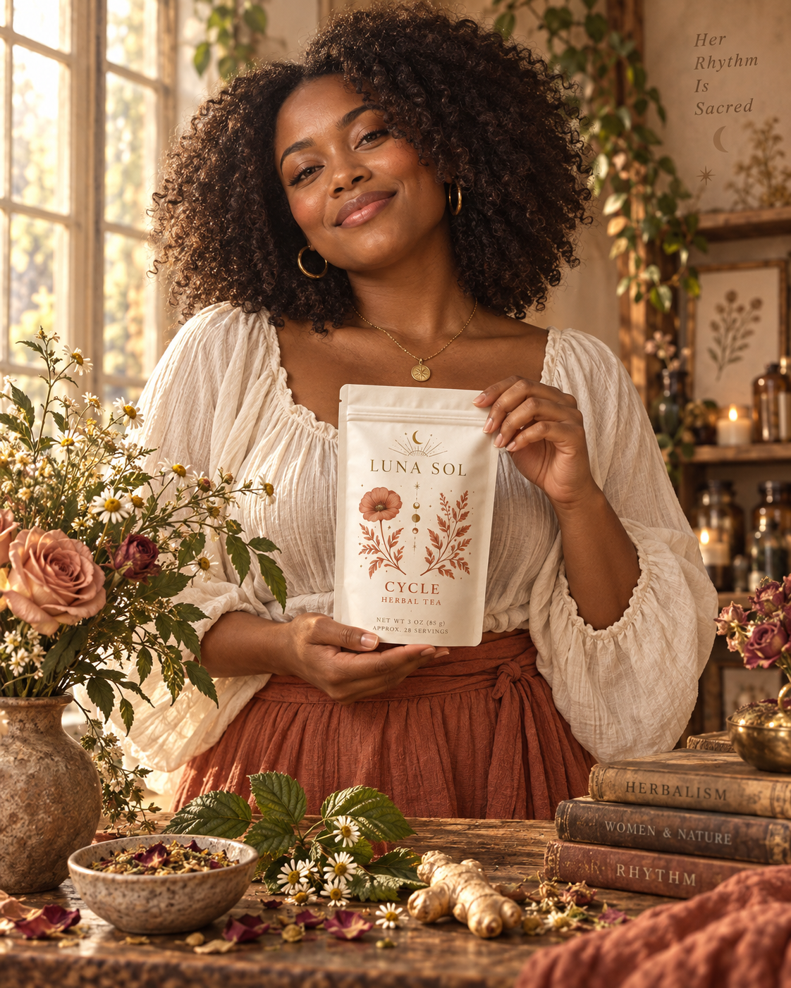A woman holding the Luna Sol Cycle Herbal Tea pouch in a warm room filled with roses, chamomile, raspberry leaf, and ginger