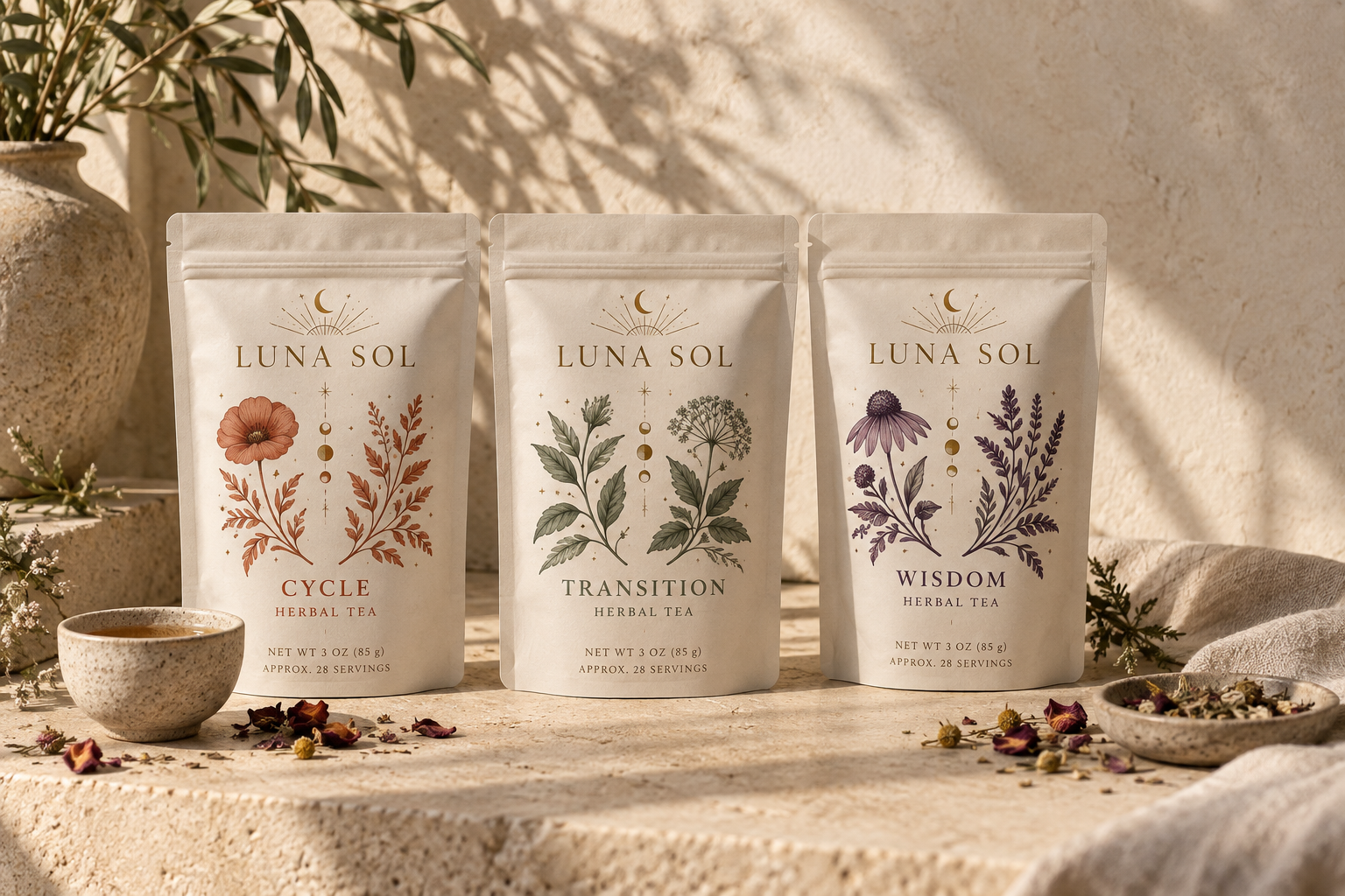 Luna Sol Cycle, Transition, and Wisdom loose-leaf herbal tea pouches in terracotta, sage, and aubergine