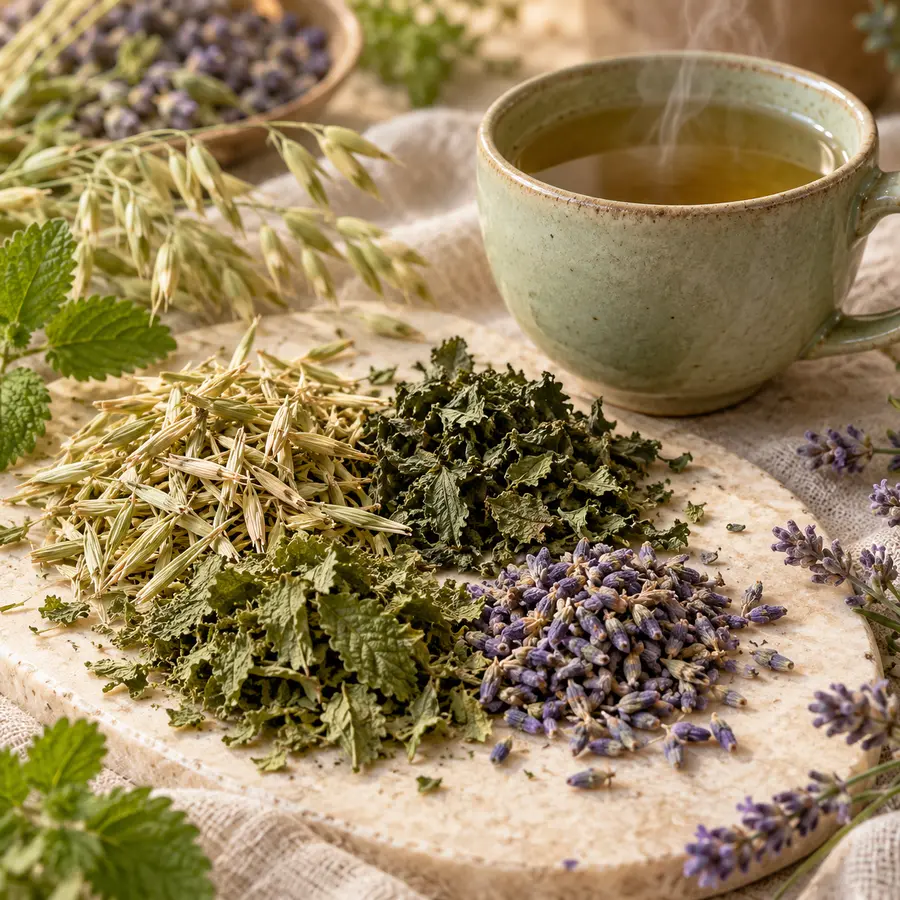Oat straw, nettle, lemon balm and lavender beside a warm cup of tea
