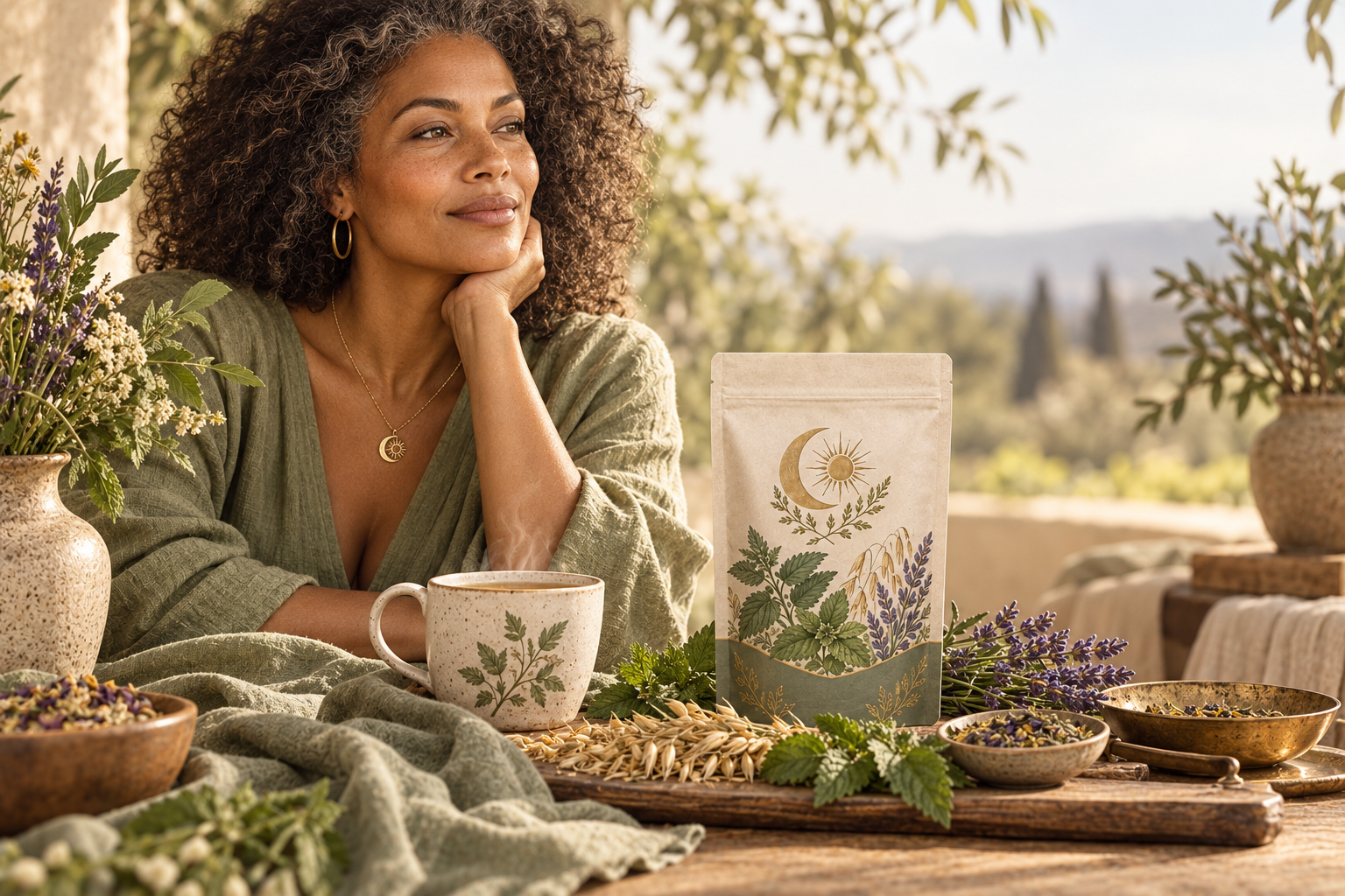 A woman in her transition years beside a serene sage-green botanical tea ritual