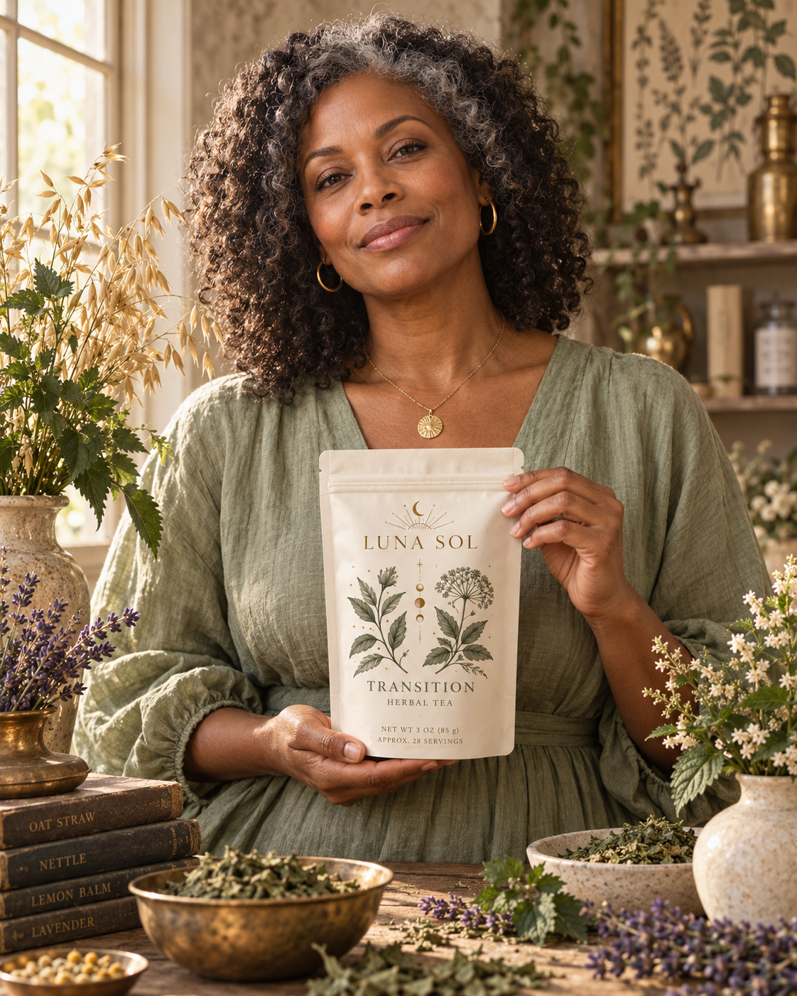 A woman holding the Luna Sol Transition Herbal Tea pouch among oat straw, nettle, lemon balm, and lavender