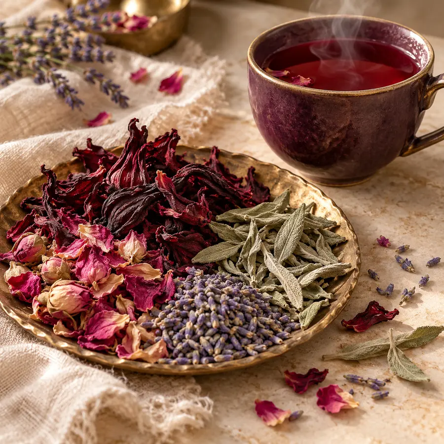 Hibiscus, rose petals, lavender and sage beside a cup of ruby tea