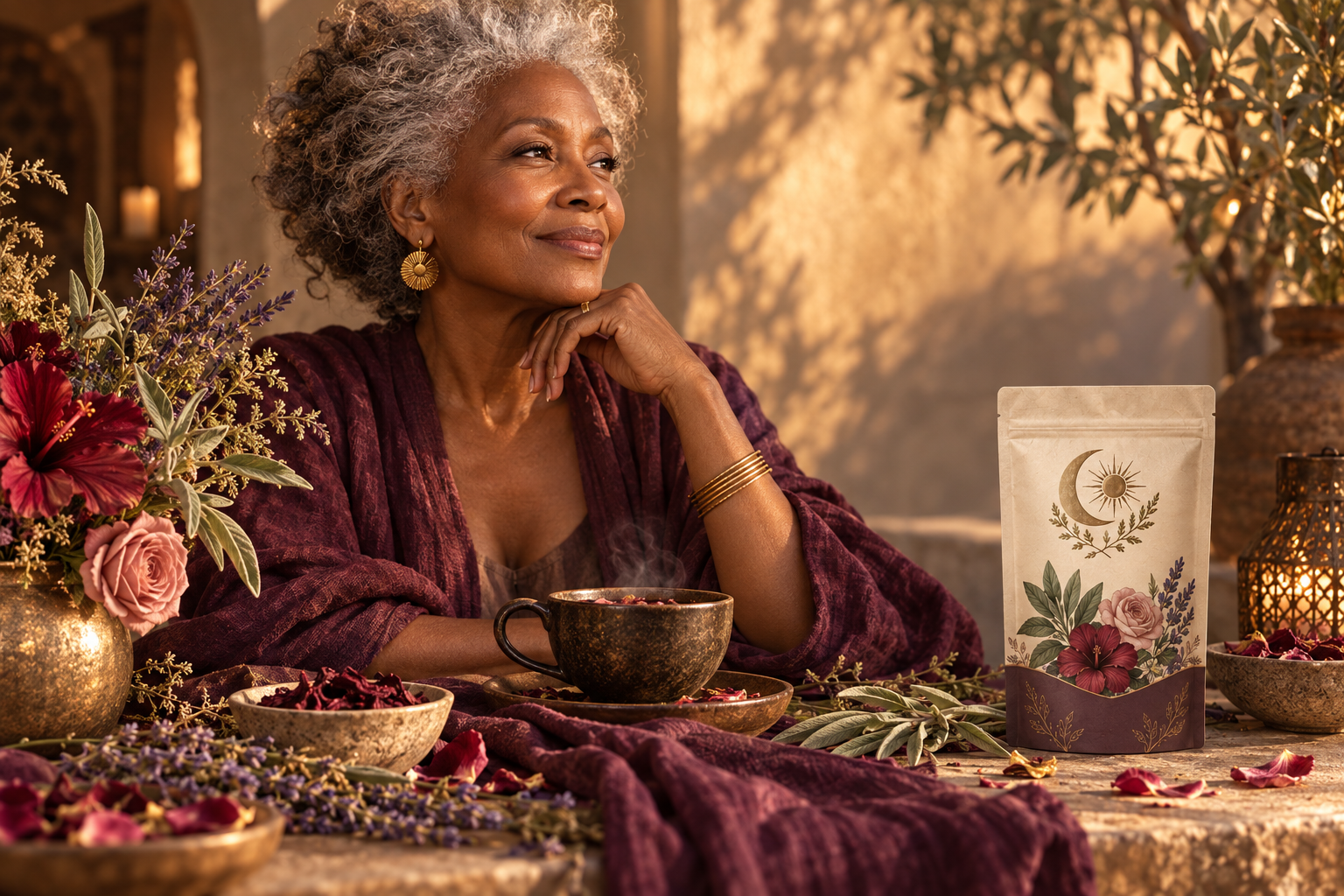 A silver-haired woman beside an aubergine and gold botanical tea ritual