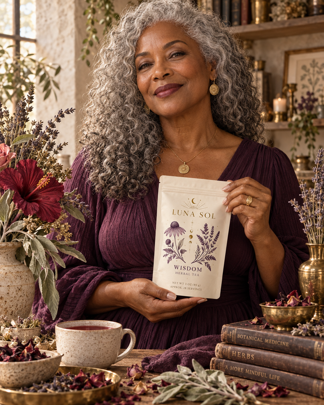 A silver-haired woman holding the Luna Sol Wisdom Herbal Tea pouch among hibiscus, rose, lavender, and sage